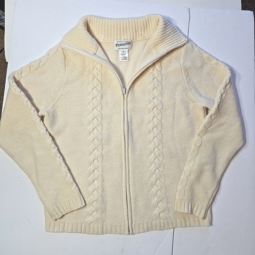Pendleton 100% Lambswool Full Zip Cable Knit Ladies Sweater Cream Size S